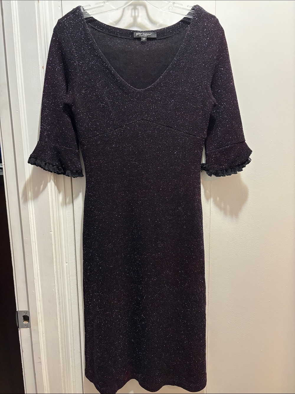 Betsey Johnson Black Sparkle Midi Dress with Ruffle Sleeves